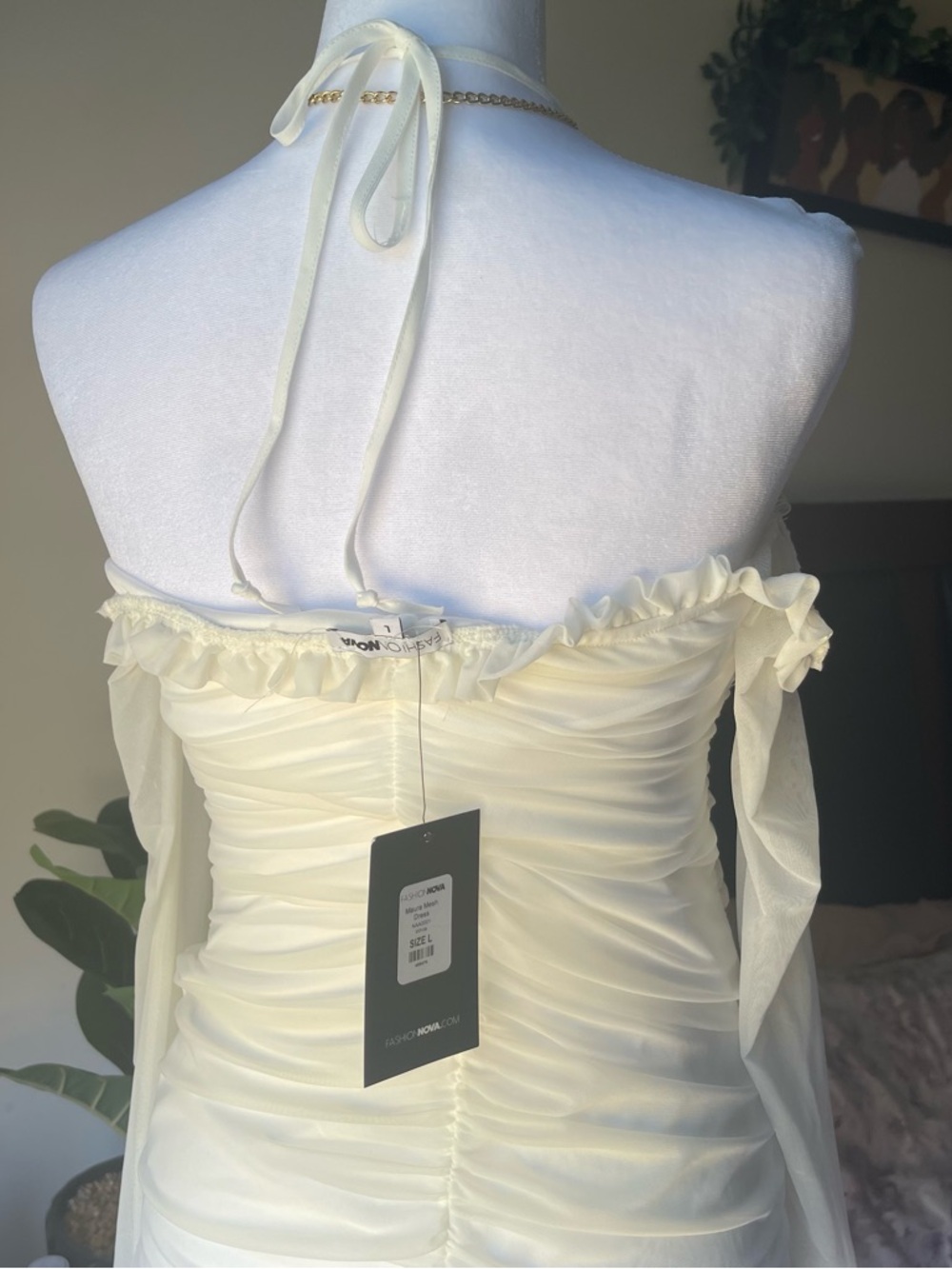 Fashion Nova Off-Shoulder White Ruched Lace-Up Mesh Bodycon Dress - Picture 5 of 6
